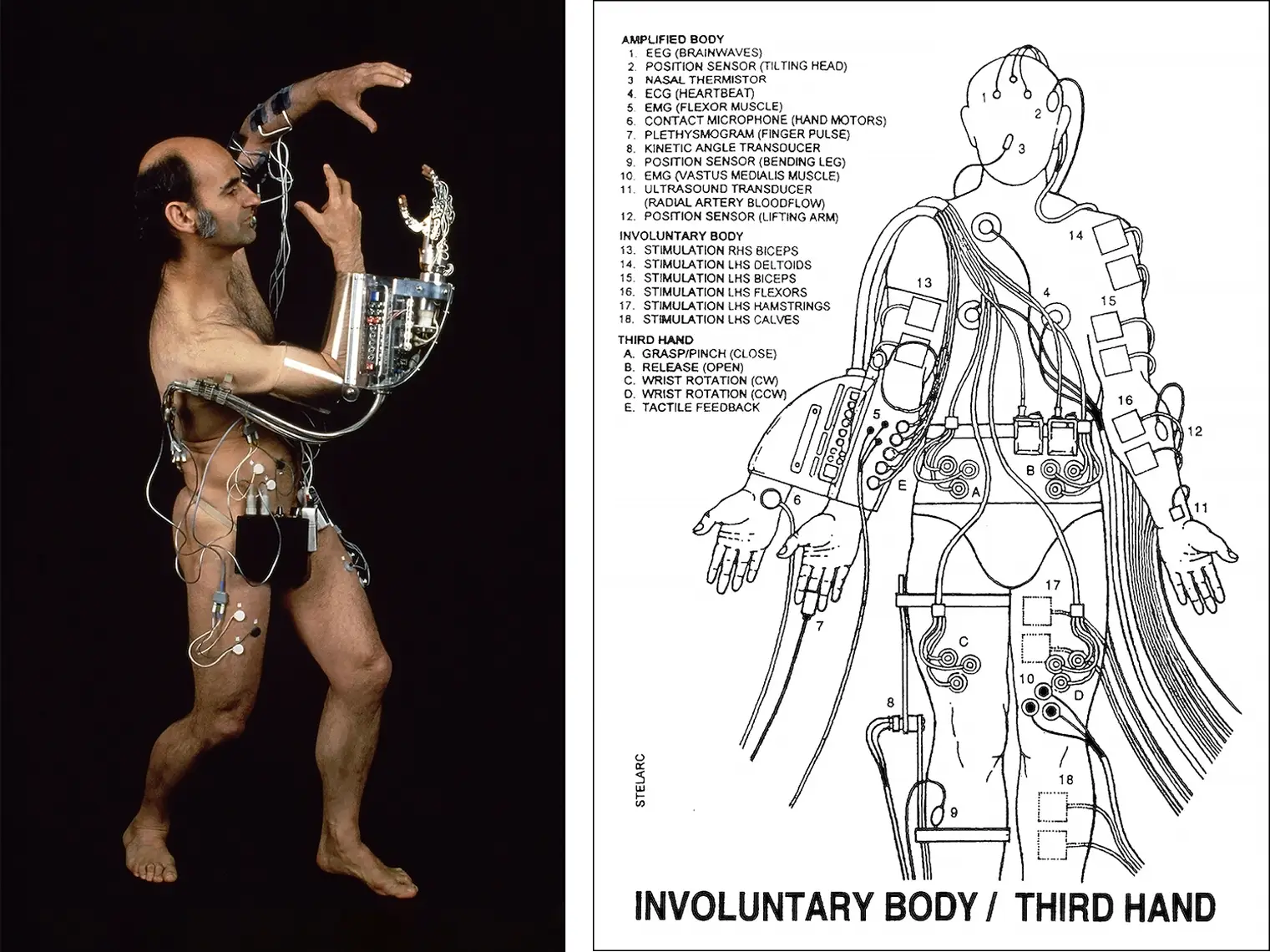 Stelarc appears nude wearing a mechanical arm prosthesis mounted to his right arm while a series of tubes, electromechanical boxes and wires are fastened across his body.